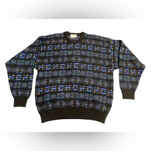 Men's Black and Blue Patterned Crewneck Sweater